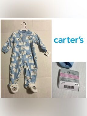 🆕CARTER’S - 9M - NWT - INFANT BOYS BLUE POLAR BEAR FLEECE SLEEPER